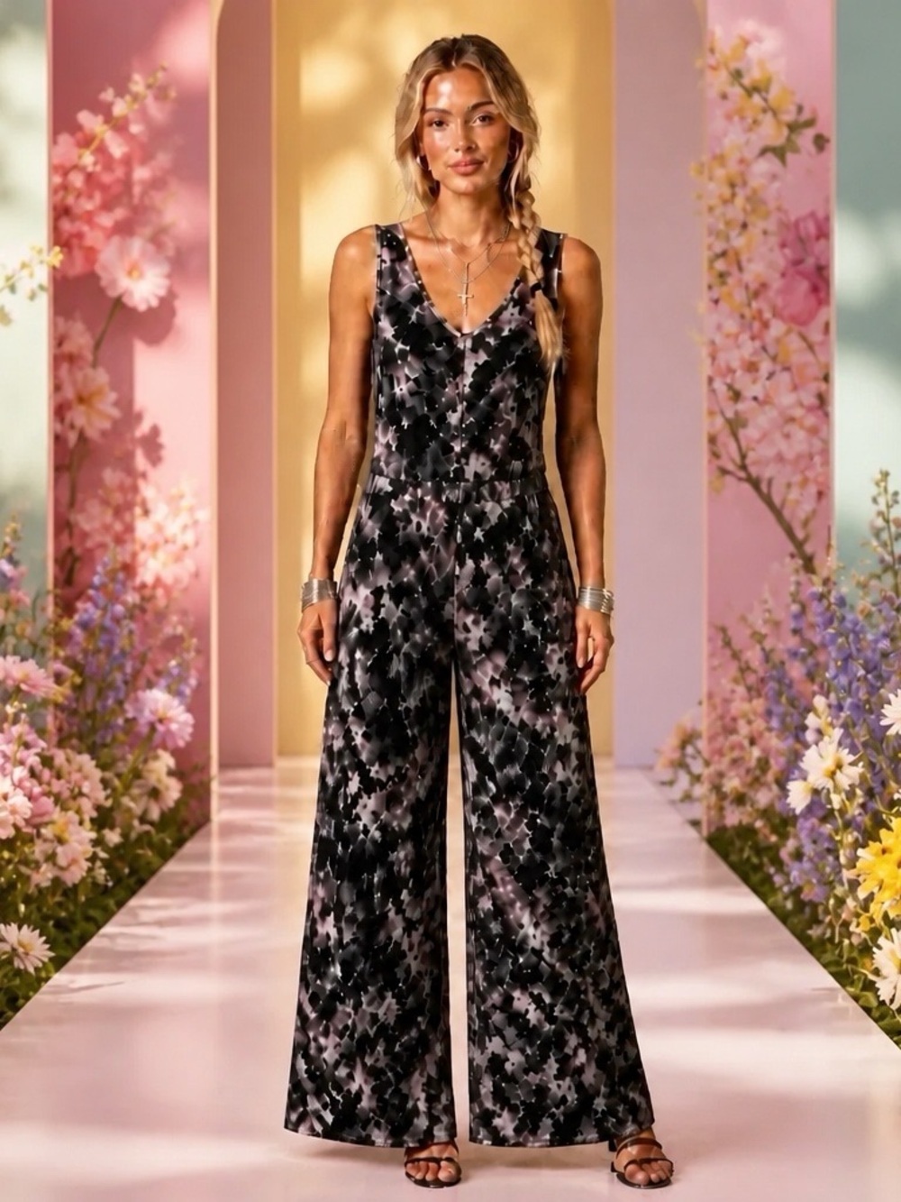 Lularoe Natalie Jumpsuit Wide Leg Size XL Black Floral Print